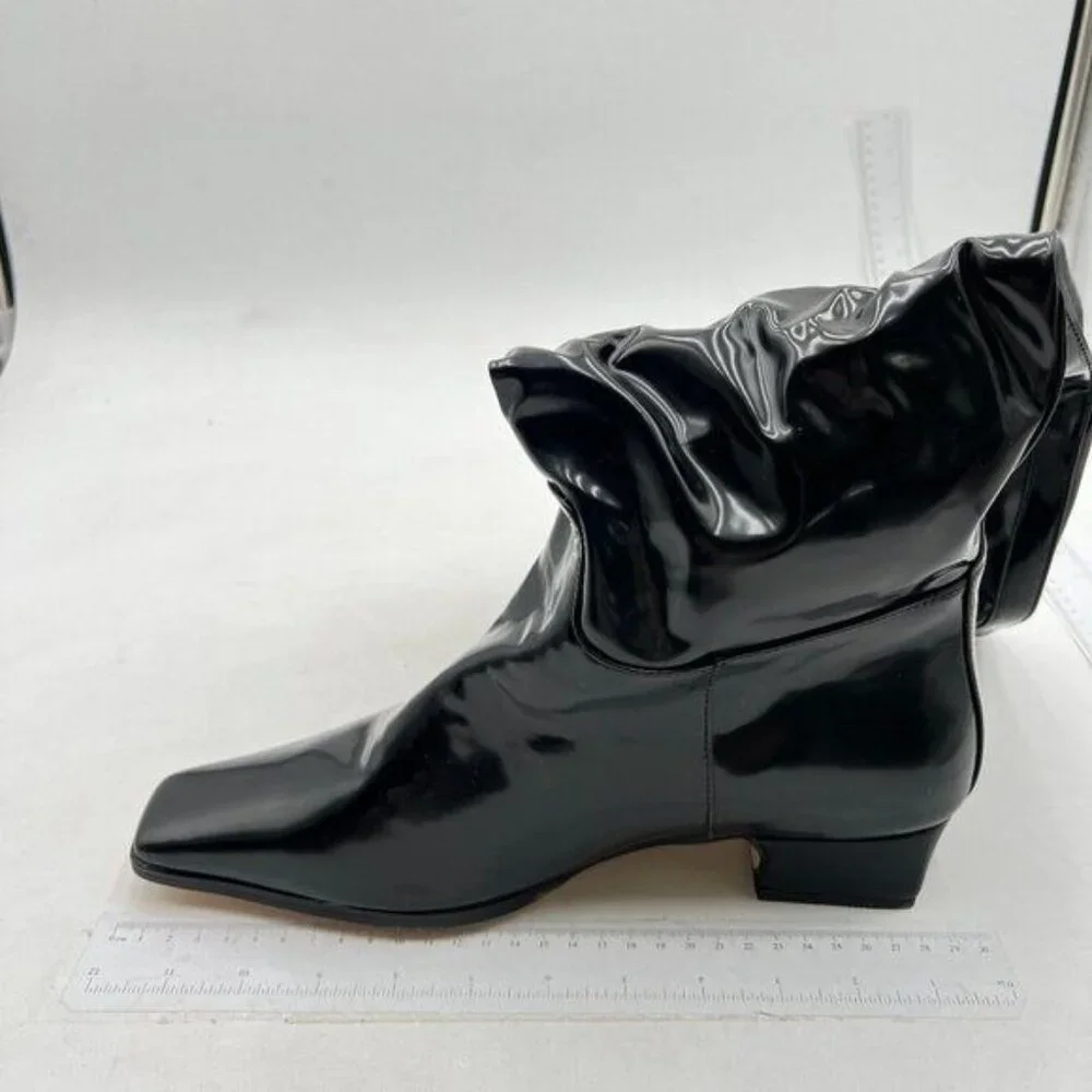 Black Square Toe Knee High Boot Wide Calf Low Chunky Heels Long Boot Party Shoes
